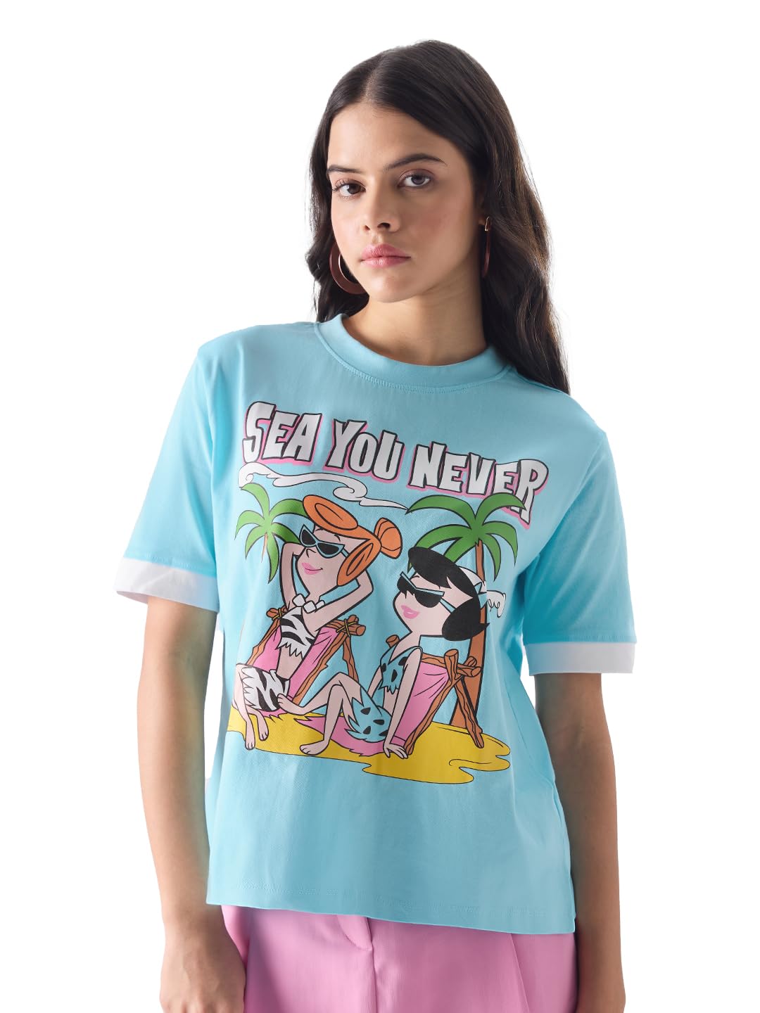 The Souled Store The Flintstones: Betty and Wilma Womens Regular Fit Graphic Printed Half Sleeve Cotton Blue Women T-Shirts