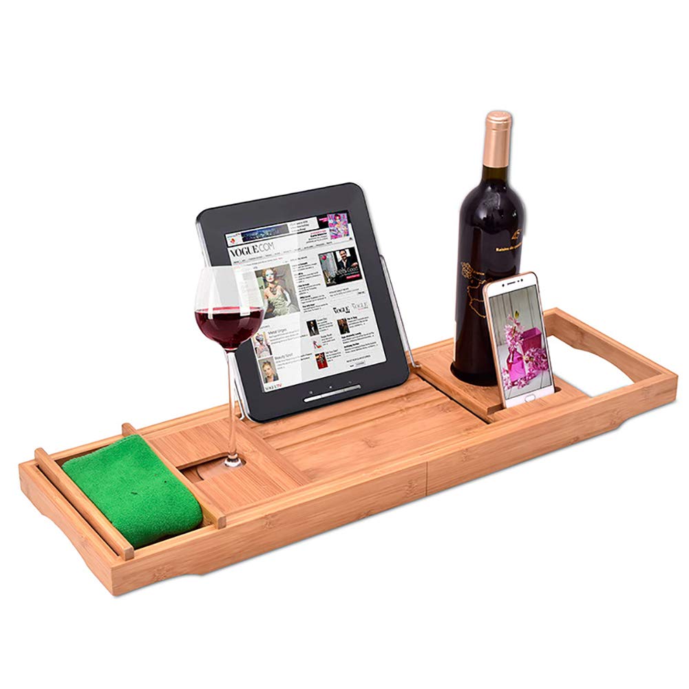 Ruby Lil Bañera Bandeja Extensible con Soporte De Vaso De Vino Ducha, Bambú Natural, Estante Bañera Organizador del Vino, Velas, Jabón, Toallas De Mano,70x22x5cm