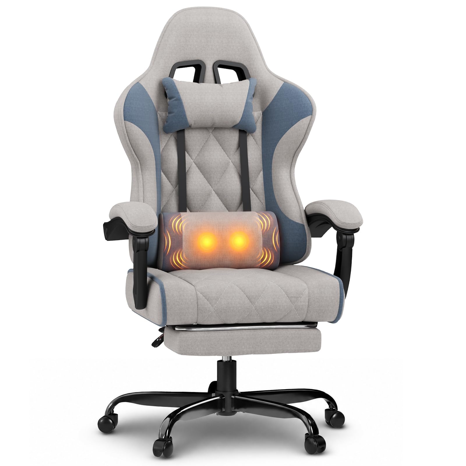 JUMMICO Fabric Gaming Chair with Footrest – Ergonomic Reclining Gamer Chair for Adults with Pocket Spring Cushion, Headrest & Massage Lumbar Support, Blue — image 1