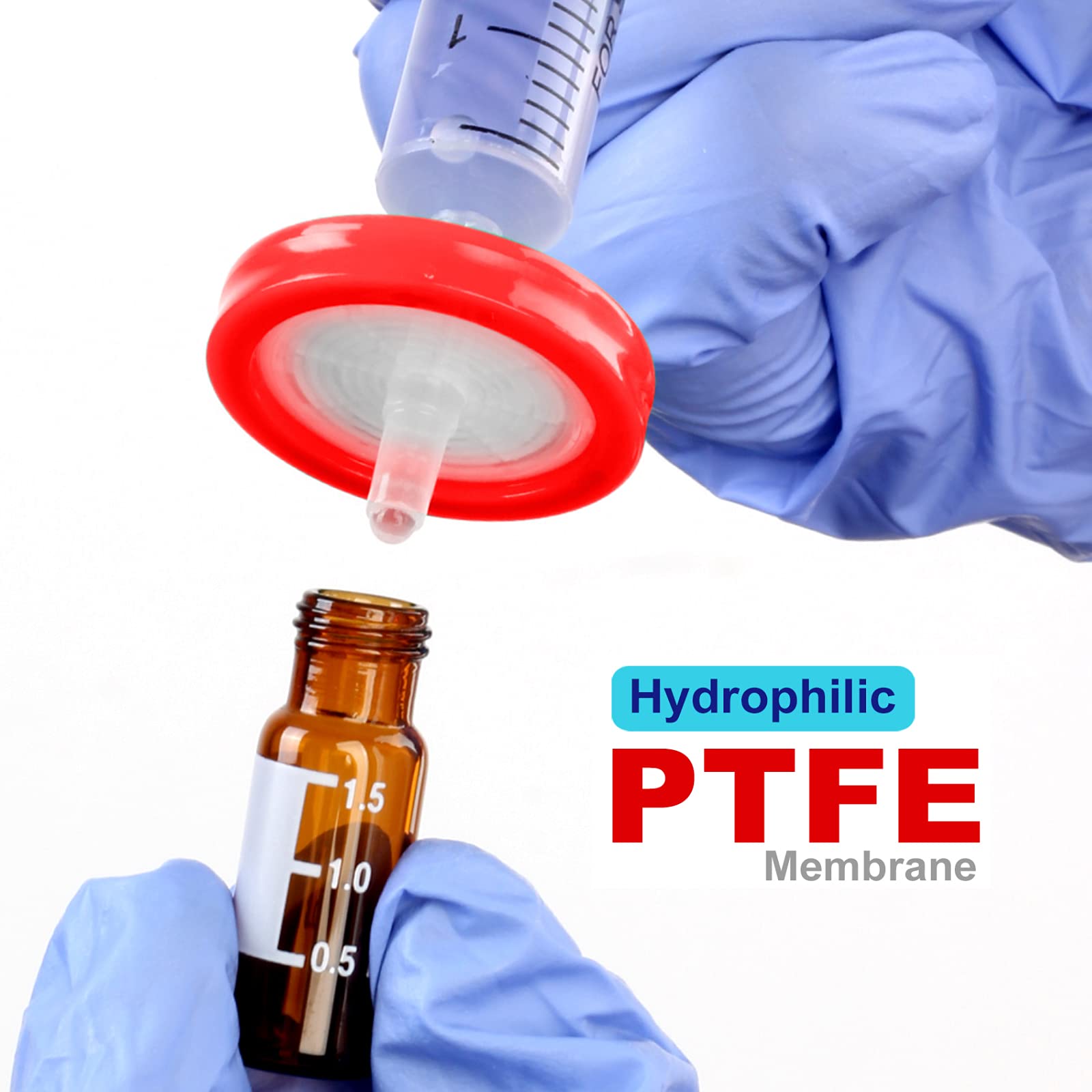 Filtros de jeringa PTFE Membrana - Filtración Hidrofílica 0.22um Tamaño de poro (25 mm, 100)