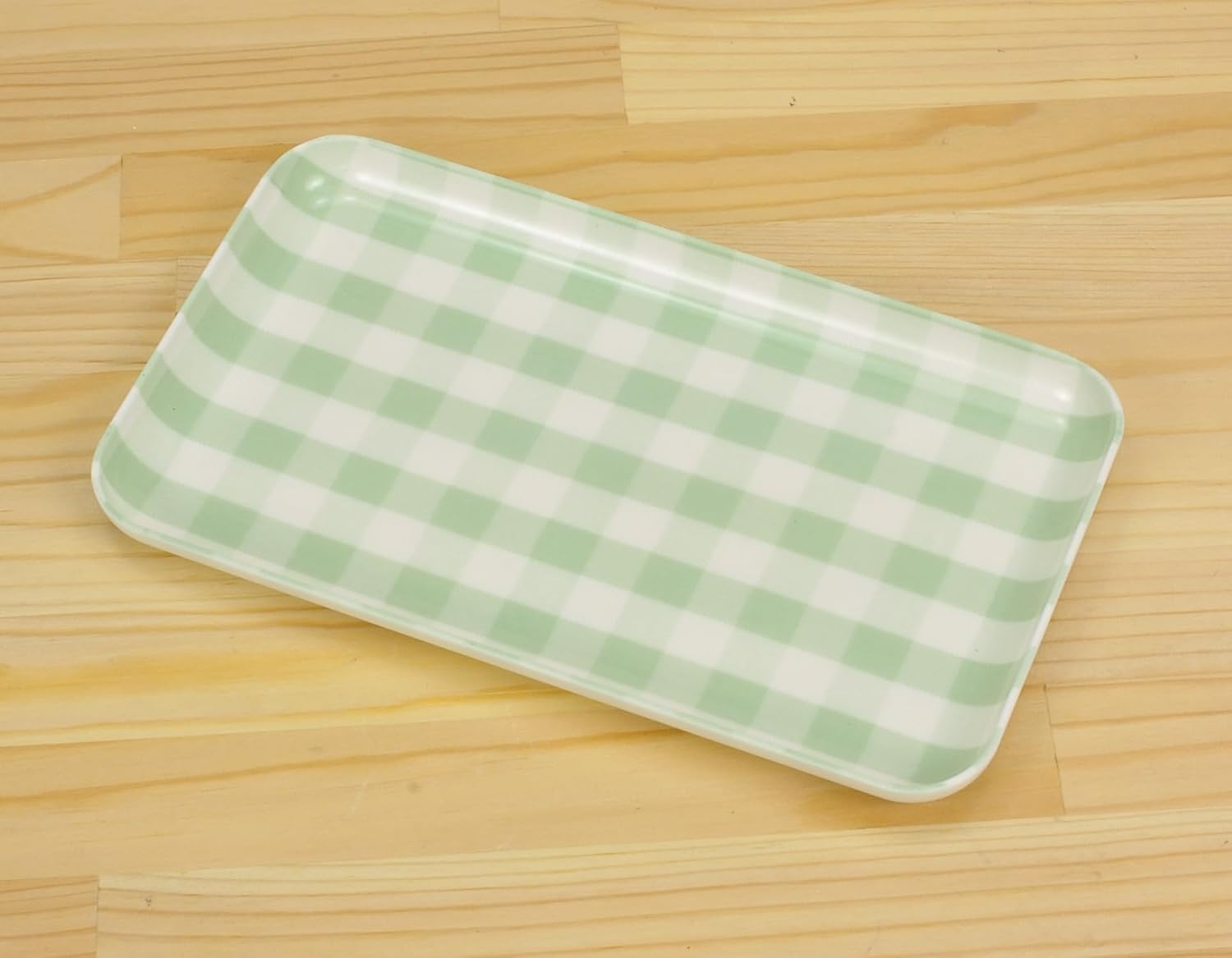 TATSU-Craft NR Non Slip Serving Tray with Milky Green Check, Microwave Safe, Rectangular Plastic Tray, 8.5 x 4.9 Inches, Ideal for Cafeterias, Dining Rooms, Fast Food, Snacks, Beverages, and More