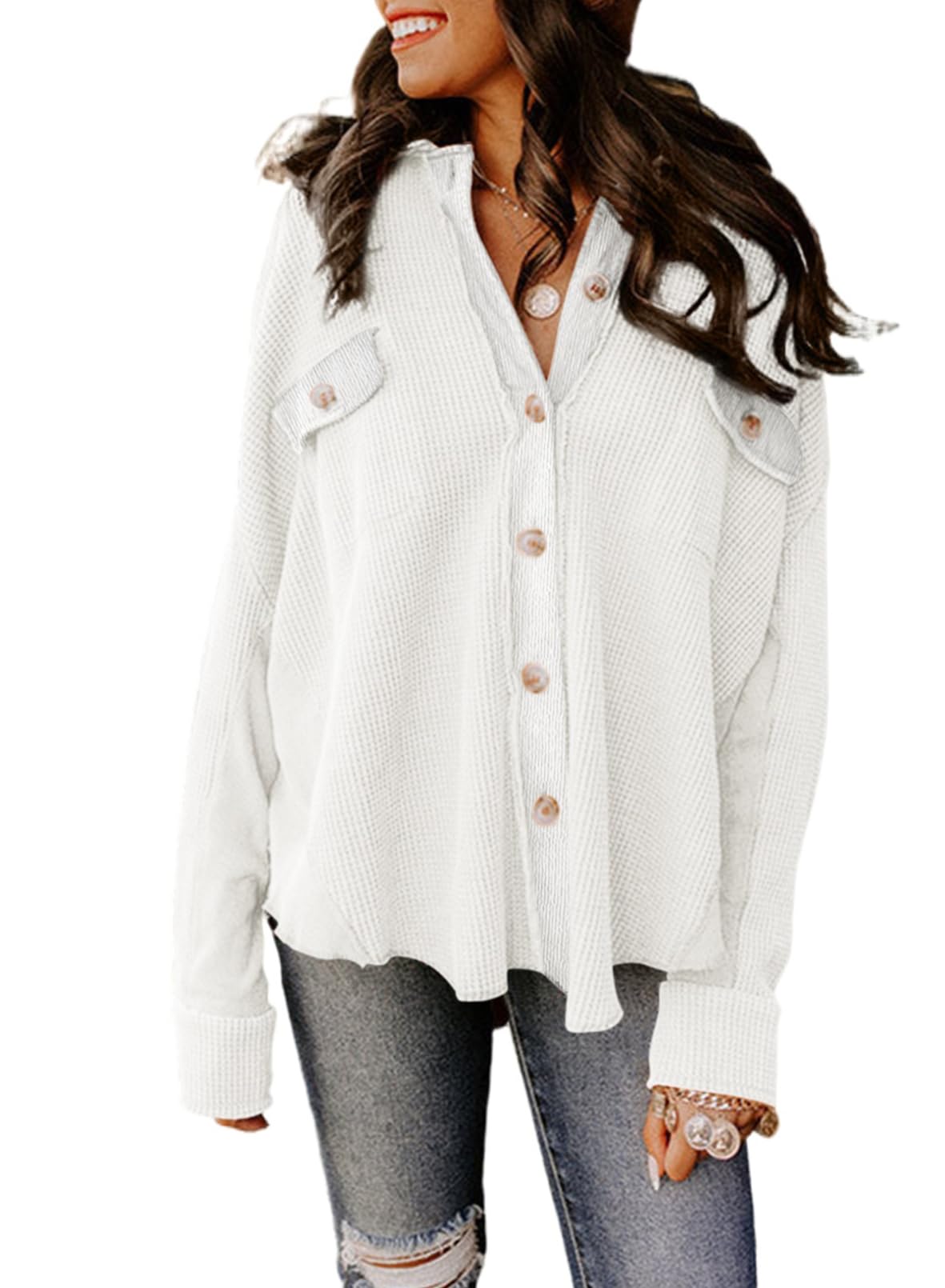AstylishWomens Waffle Knit Shacket Jacket Casual Long Sleeve Button Down Shirts Outerwear Coat