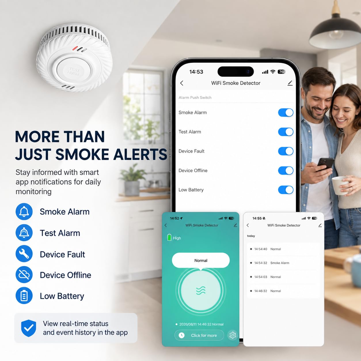 Détecteur de fumée Intelligent, détecteur de fumée Wi-FI avec capteur photoélectrique, détecteur d'incendie Conforme à EN14604, Compatible avec Tuya/Smart Life APP, 10 Ans Batterie 2-Pack