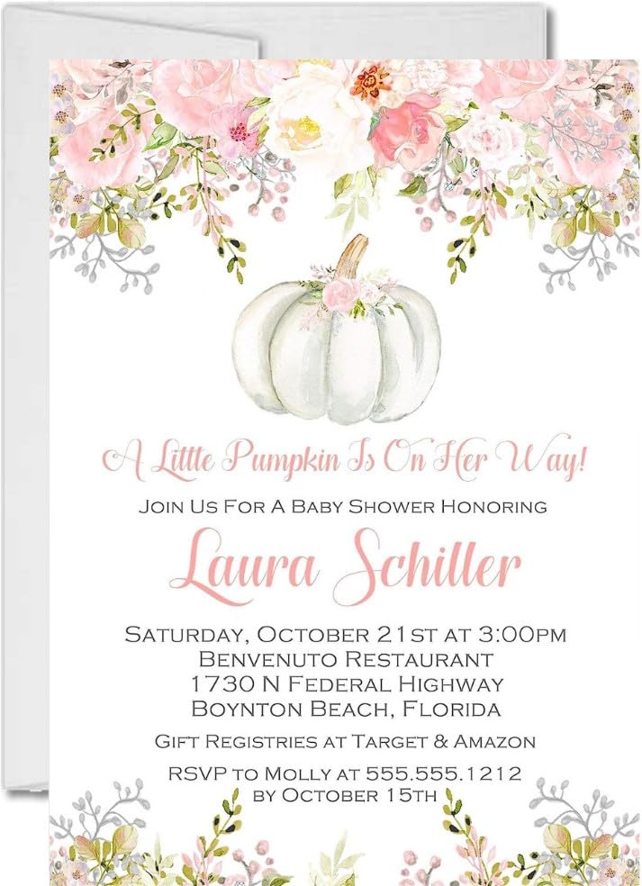 Girls Fall Pumpkin Baby Shower Invitations, A Little Pumpkin Is On The Way Baby Shower Invitations, Pink Pumpkin Baby Shower Invitations (Pink Floral)