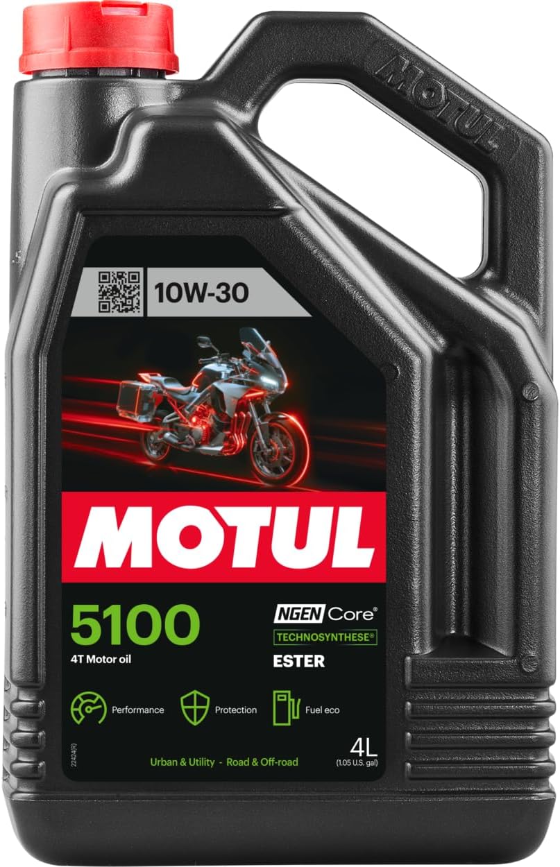 Motul 5100 4T 10W-30 Motorcycle Oil - Technosynthese Ester Semi-Synthetic - API SP JASO MA2 Wet Clutch Safe - 4 Stroke Street Dirt Bike ATV UTV Scooter - Smooth Shifting Engine Protection 4 L