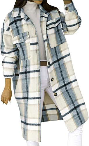 TARIENDY Shackets for Women 2023 Fall Plaid Jackets Oversized Button Down Flannel Shirts Fashion Long Sleeve Waffle Clothes