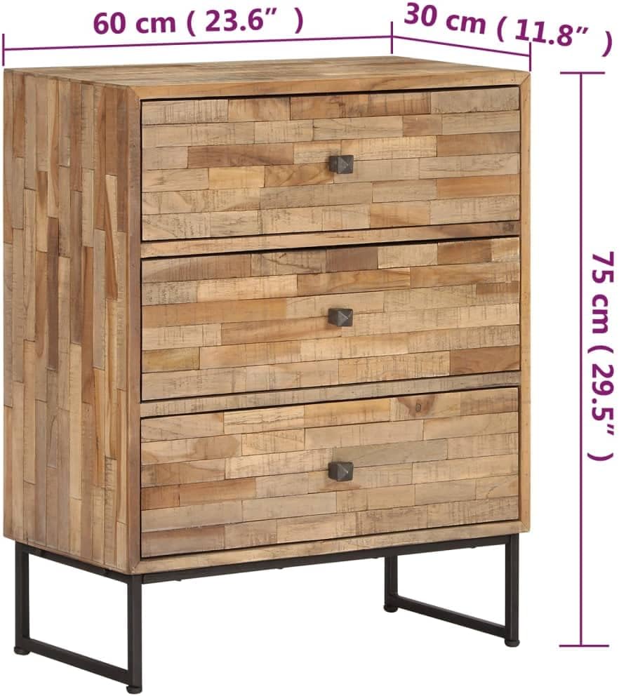 Rustic Industrial Sideboard with Reclaimed Teak Wood and Metal Frame, 3 Drawers for Storage, Natural Wood Color Medium Sideboard for Living Room Dining Room Hallway