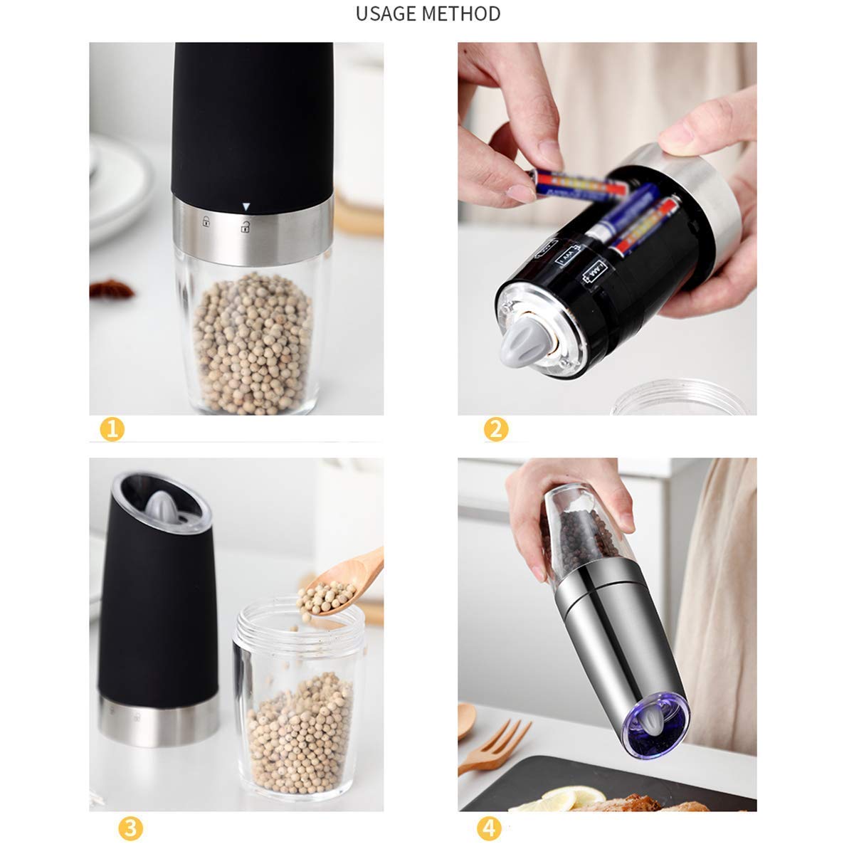 RWRAPS Set da 2 Pezzi Macina Sale e Pepe Elettrico Agitatore, Funzionamento a Batteria, Ceramica Regolabile (Nero)