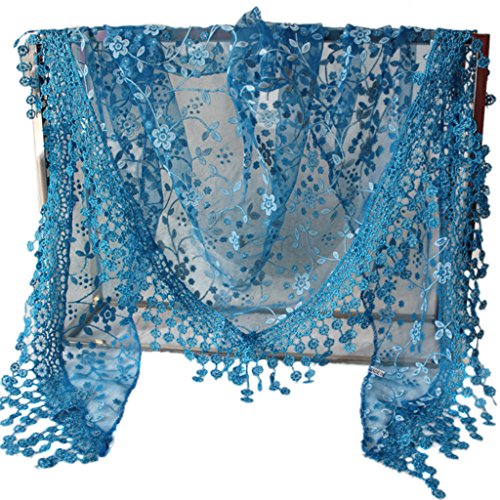 KOFUN Triangle Scarf, Women Lace Sheer Floral Triangle Veil Church Mantilla Scarf Shawl Wrap Tassel Denim Blue