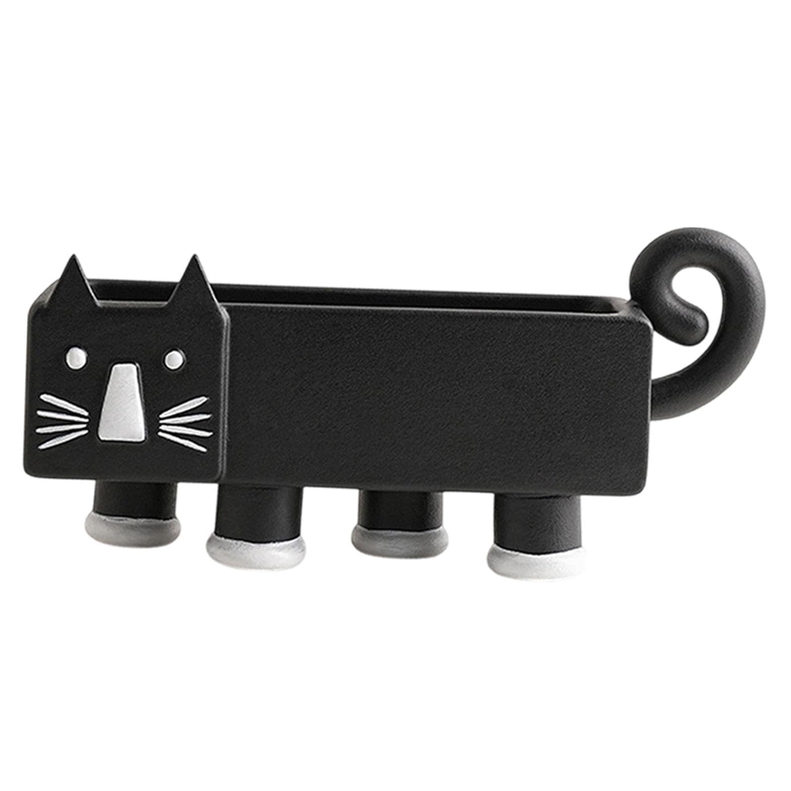 Soporte para bolígrafos con diseño de estatua de gato de dibujos animados, organizador de llaves, organizador de joyas, pendientes, escultura animal para escritorio, color negro