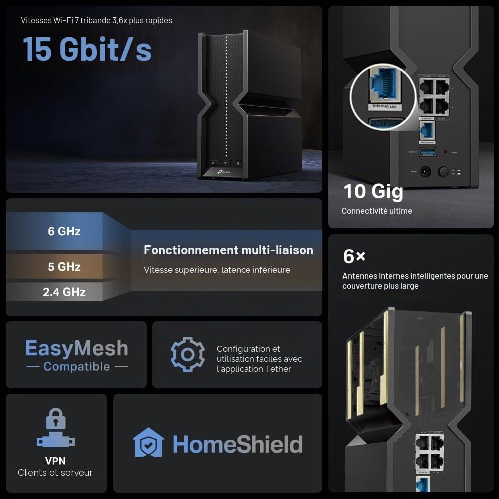 TP-Link Archer BE700 Routeur Wi-FI 7 Tri-Bande BE15000, Jusqu’à 15 GB/s, 4K et MLO, Ports Multi-Gig (10 GbE + 2,5 GbE + 3×Gigabit), USB 3.0, EasyMesh, Sécurité HomeShield
