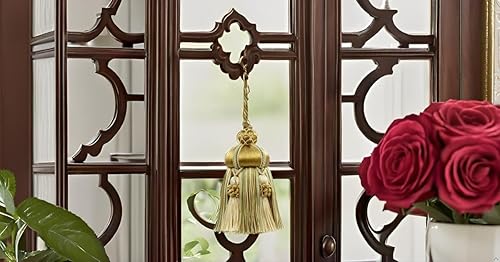 Miniatura 4 de Elegante borla de llave hecha a mano de 4 pulgadas (3.9 in), lazo acentuado con borlas de corona (estilo # KTAX4), hierba de limón, dorado,