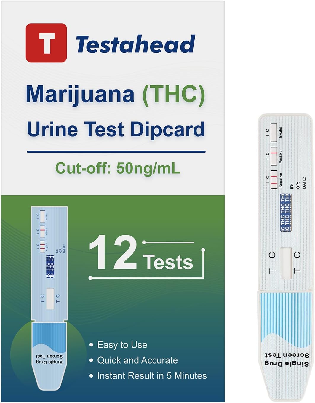 T TESTAHEAD 12-Pack THC Tests for Home,Single Group THC Drug Test Urine Test kit, Marijuana Test kit to take Home, Marijuana Drug Test Test Strips,50 ng/ml THC Test