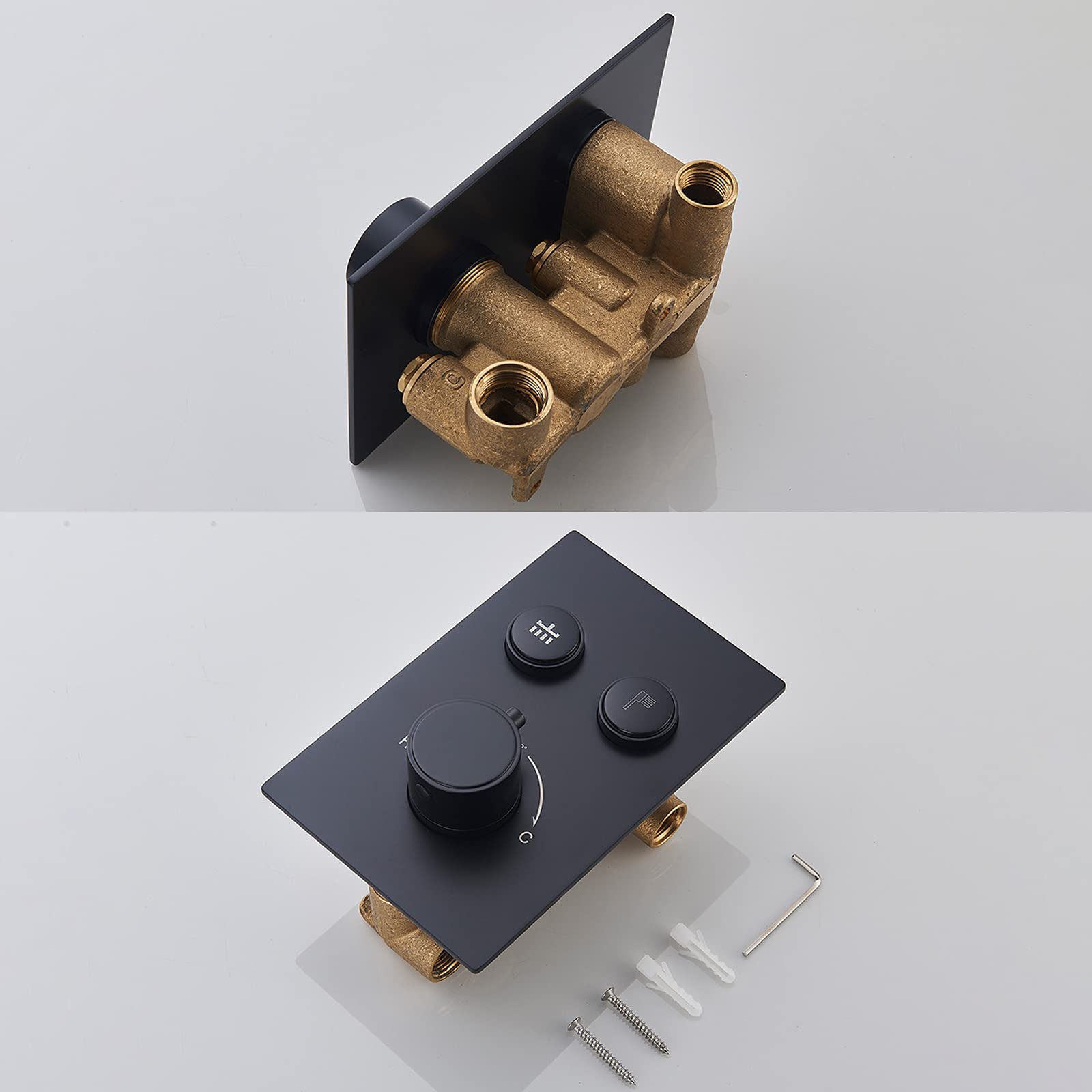 Sistema Doccia a Pioggia, Set Rubinetto termostatico Nero, Miscelatore Combinato in Ottone a Parete con Testa Quadrata, doccetta, Asta di Sollevamento, 16 Pollici (8 Pollici)