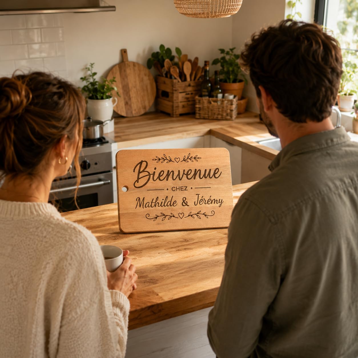 Planche à découper personnalisée en hêtre massif – Planche apéro gravée – Texte personnalisé – 40 × 26 × 2 cm – Cadeau mariage, couple, famille, crémaillère – BIBAMBOIS