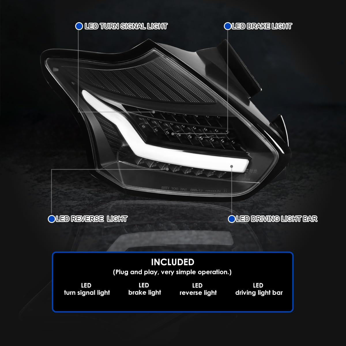 SPEC-D TUNING Black LED Bar Tail Lights Compatible with 2015-2018 Ford Focus SE/ST/Titanium Hatchback, 2016-2018 Ford Focus RS Hatchback, Left + Right Pair Assembly