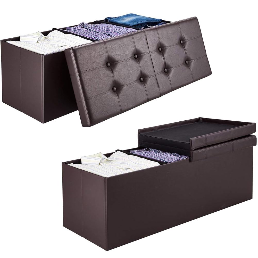 BAKAJI Baúl otomano, contenedor, reposapiés, para Dormitorio, Banco, Taburete, Estructura Plegable, Revestimiento de Piel sintética, Asiento extraíble Acolchado, tamaño 38 x 115 cm (marrón)
