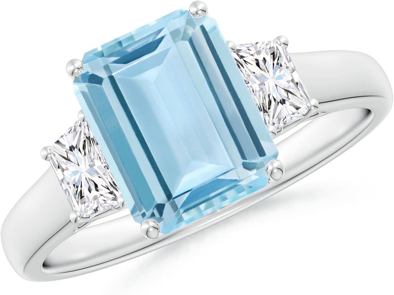 Angara Natural Aquamarine Engagement Ring for Women | Three Stone Emerald-Cut Aquamarine and Diamond Ring in 14K Solid Gold/Platinum | March Birthday, Gemstone Jewellery Gift