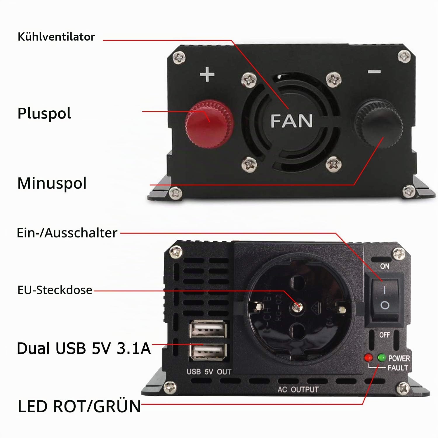 LVYUAN Wechselrichter 12V 230V 2000W Spannungswandler Power Inverter mit 2 USB LCD Alligatorclip Zigarettenanzünder Stecker Stromumwandler für Auto KFZ Wohnwagen LKW