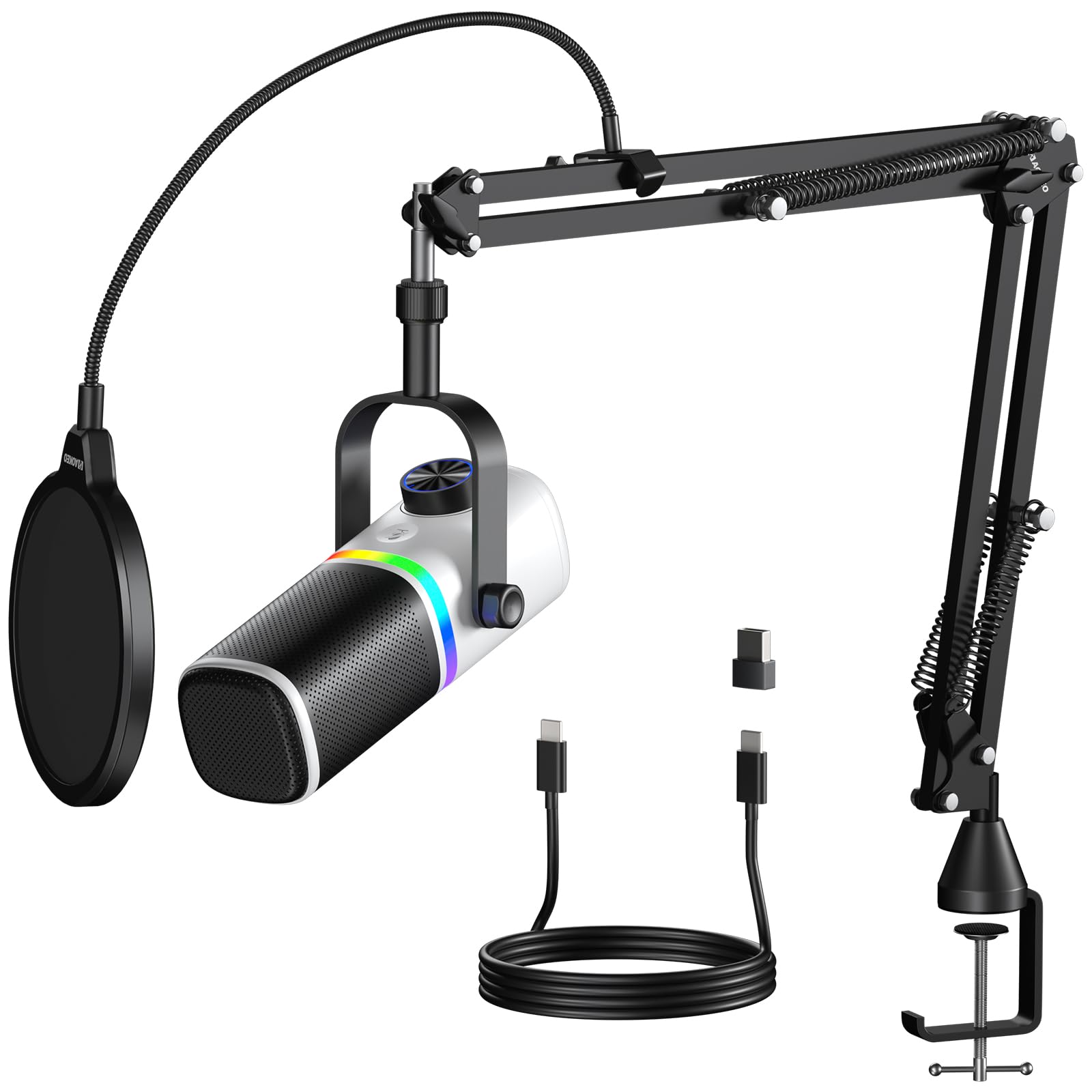 Aokeo AK-10 - Micrófono USB para Juegos con Brazo de micrófono, micrófono Condensador para PC/MAC/PS4/PS5/micrófono cardioide con iluminación RGB (Blanco)