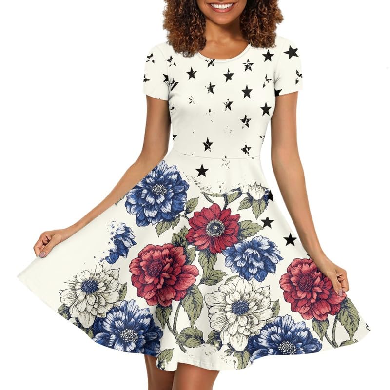 Image of Irisjudy T Shirt Dress for Women Short Sleeve Girls Short Sleeve Dress Plus Size, O Neck Knee Length Midi Dress for Ladies