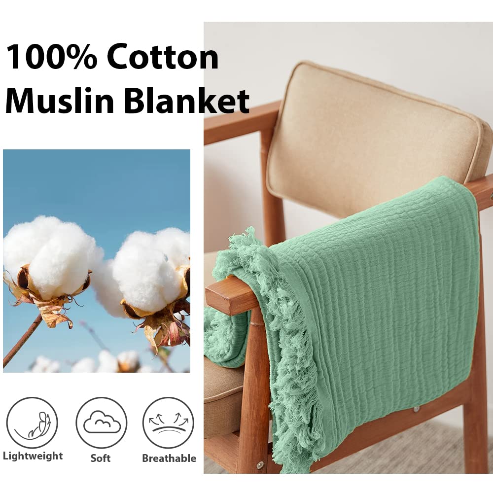 Simple&Opulence - Coperta in mussola di cotone per letto e divano, coperta in garza intrecciata con nappine, morbida, leggera, avvolgente, prelavata e traspirante, perfetta per lo stile country in