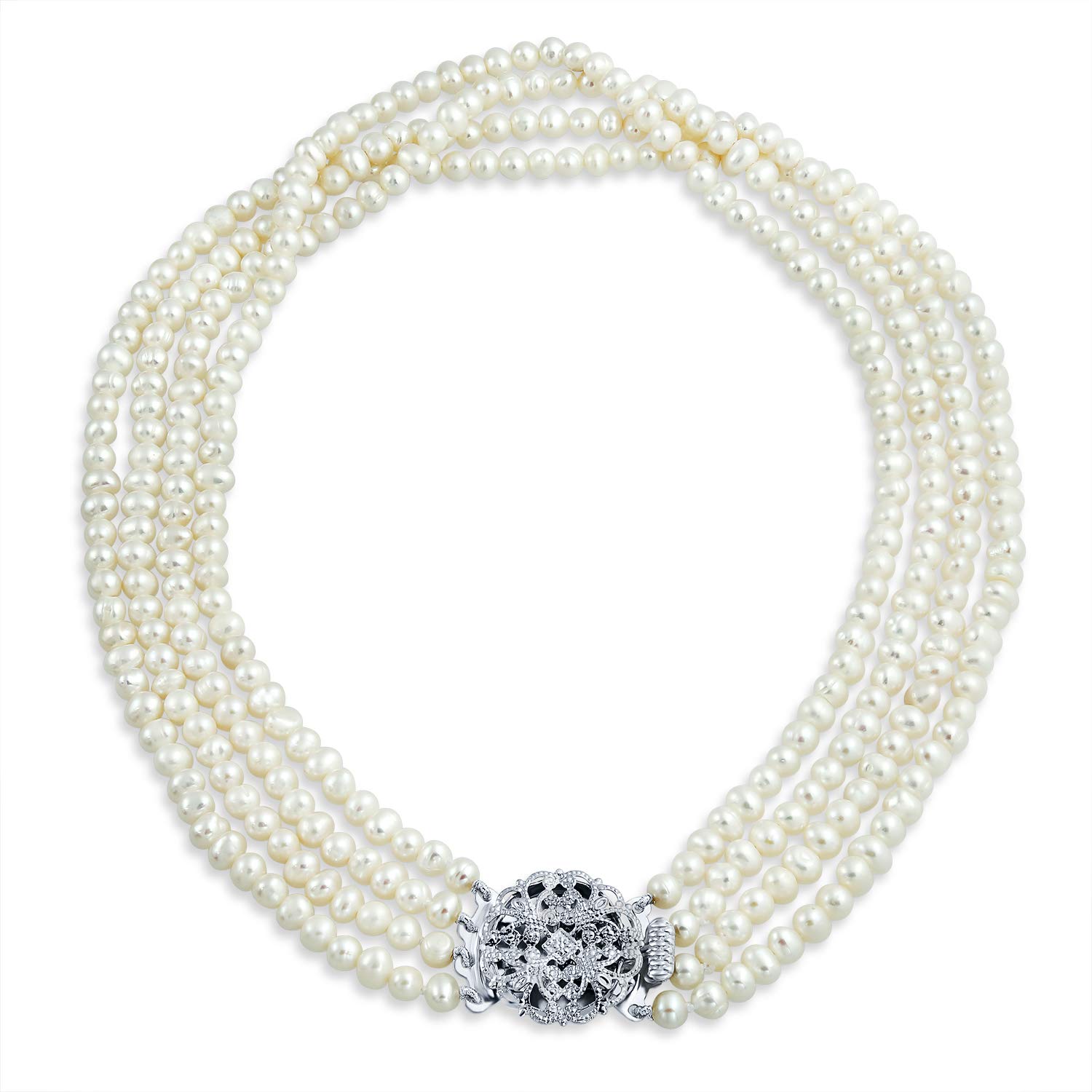 Antico Vintage Art Deco Style Ampia Dichiarazione Nuziale Quattro Multi Filo Bianco D'Acqua Dolce Coltivato Collana Di Perle Per Le Donne, Matrimonio Floreale Chiusura Placcato In Argento