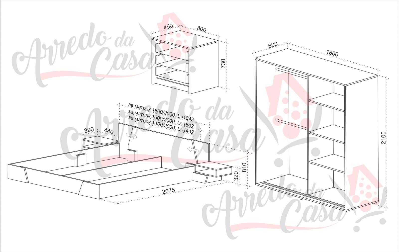 Camera da Letto Matrimoniale Completa Nera e Rovere Scuro con Armadio a 2 Ante Scorrevoli con Specchio Letto Matrimoniale 2 Comodini e 1 Comò CDLU33
