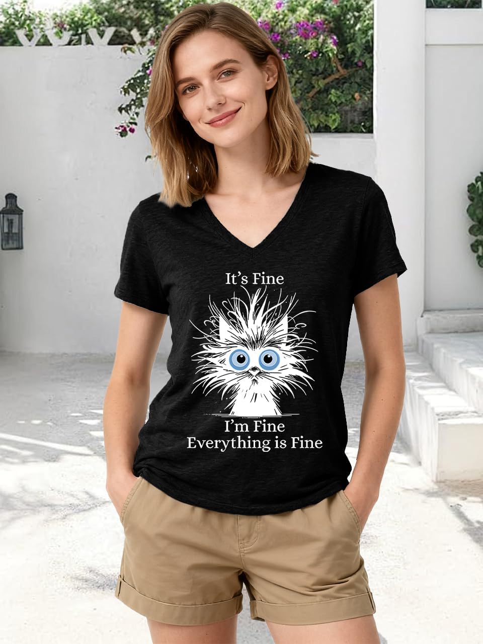 Womens I'm Fine Everything is Fine V Neck T-Shirts Short Sleeve Funny Shirt Casual Cute Cat Graphic Tee Tops - Image 3