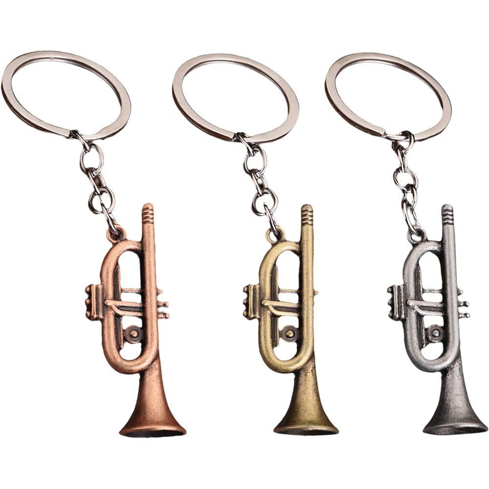3pcs Trumpet Charm Keyring with Silver Tone Keychain Key Ring Pendant Fashion Musical Instrument Graduation Birthday Gift