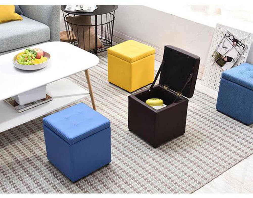 Otomana Cuadrada de Almacenamiento de Piel sintética marrón de 30x30x35 cm, Taburete reposapiés tapizado con Tapa abatible y Asiento Acolchado de Espuma Gruesa para soluc