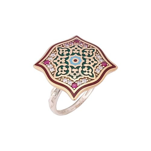 Miniatura 3 de Motif Style Turkish Handmade All Authentic Jewelry Red Enamel Round Cut Ruby Topaz 925 Sterling Silver Ring Size All