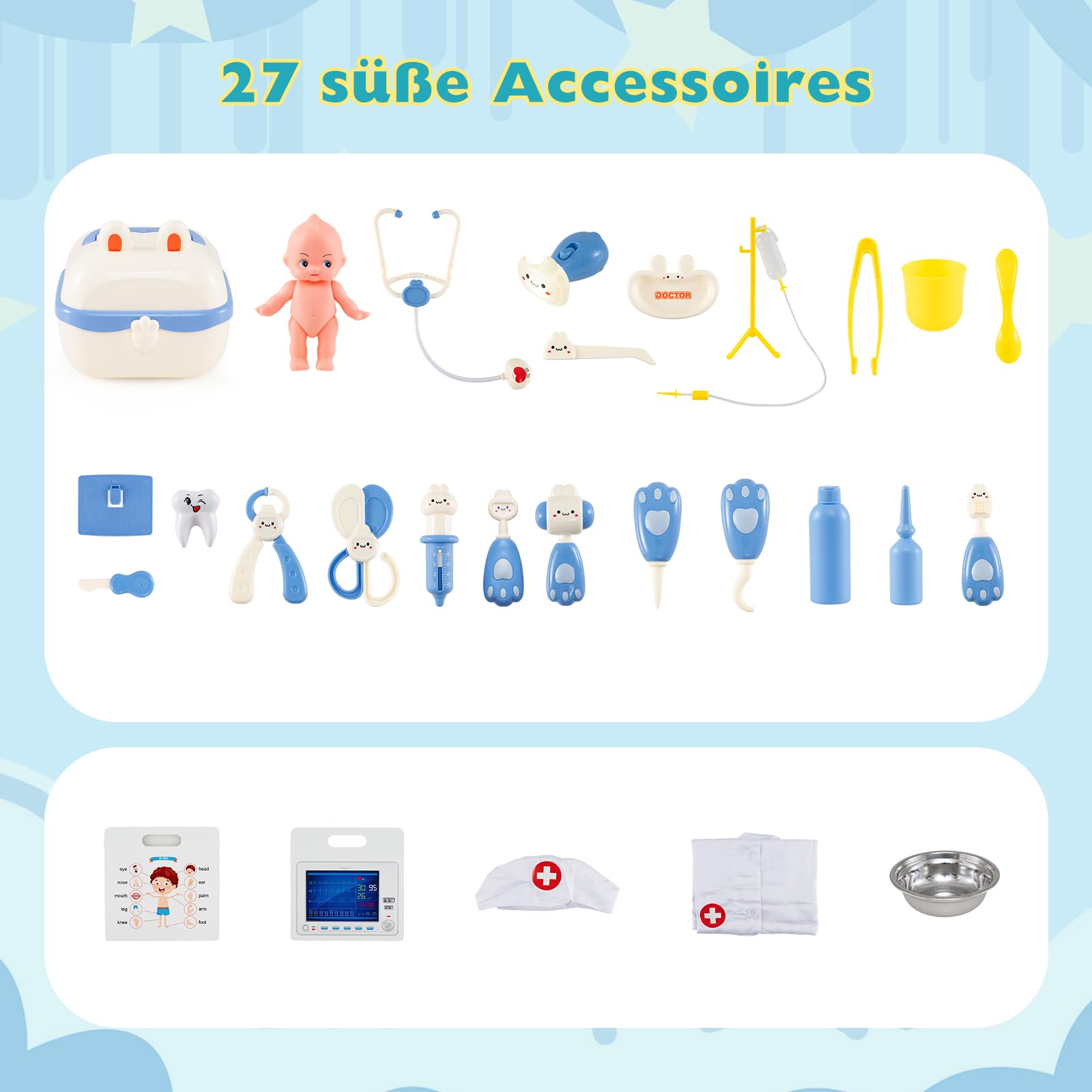 COSTWAY Arzt Kinder Spielset, Doktor Rollenspiel mit Untersuchungsraum & Arztkoffer inkl. 27 TLG. Zubehör, Arzt Set mit Wasserhahn, Waschbecken & EKG-Monitor, Holz Arztpraxis für Kinder ab 3 Jahren