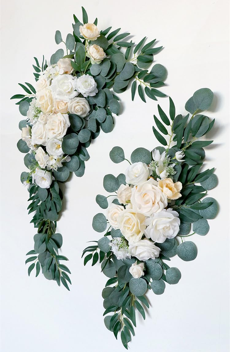 Hochzeit Bogen Blumen Swag (Packung mit 2), künstliche Rosen Swag Blumen für Hochzeit Zeremonie Empfang Backdrop Stuhl Willkommen Zeichen Dekoration (Weiß Champagner)