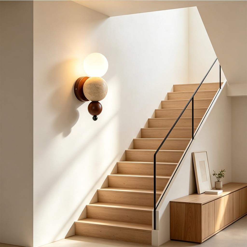 Żółta Kinkiet Trawertynu Kreatywna Lampa Ścienna Stylu Wabi-sabi Gniazdo G9 | Drewno Stylu Vintage, Okrągła Lampa Ścienna Wnętrz Sypialni Salonu Jadalni Przedpokoju Korytarza Dekoracyjna Wnętrz
