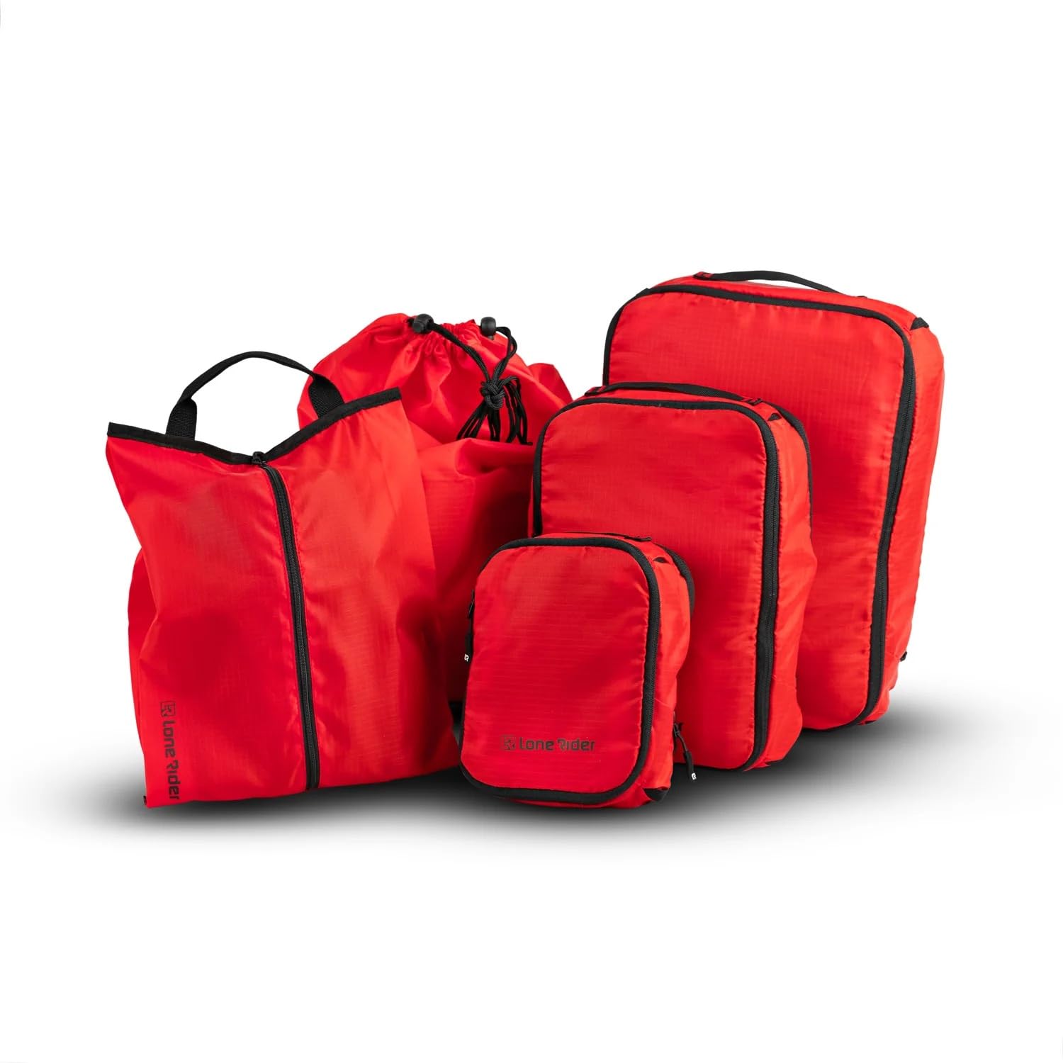 Lone Rider Cubi da Imballaggio a Compressione - Set 5 Pezzi | Borse multi-misura con mesh, cerniere espandibili & tessuto RipStop 210D. Organizer per bagagli, viaggio & bucato.