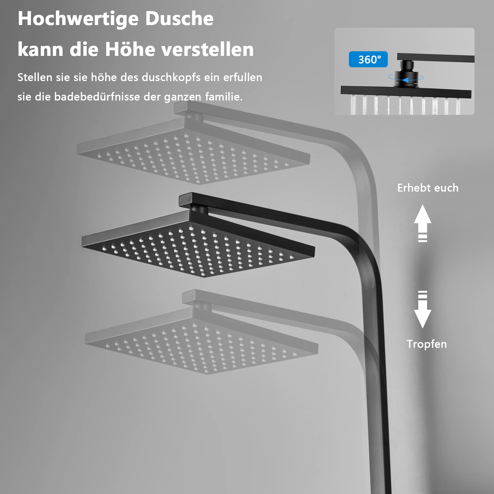 KOMIRO Duschsystem mit Thermostat, Regendusche mit armatur, Duscharmatur Schwarz, Duschgarnitur Kopfbrause, Verstellbarer Duschstange, Duschsäule Eckig