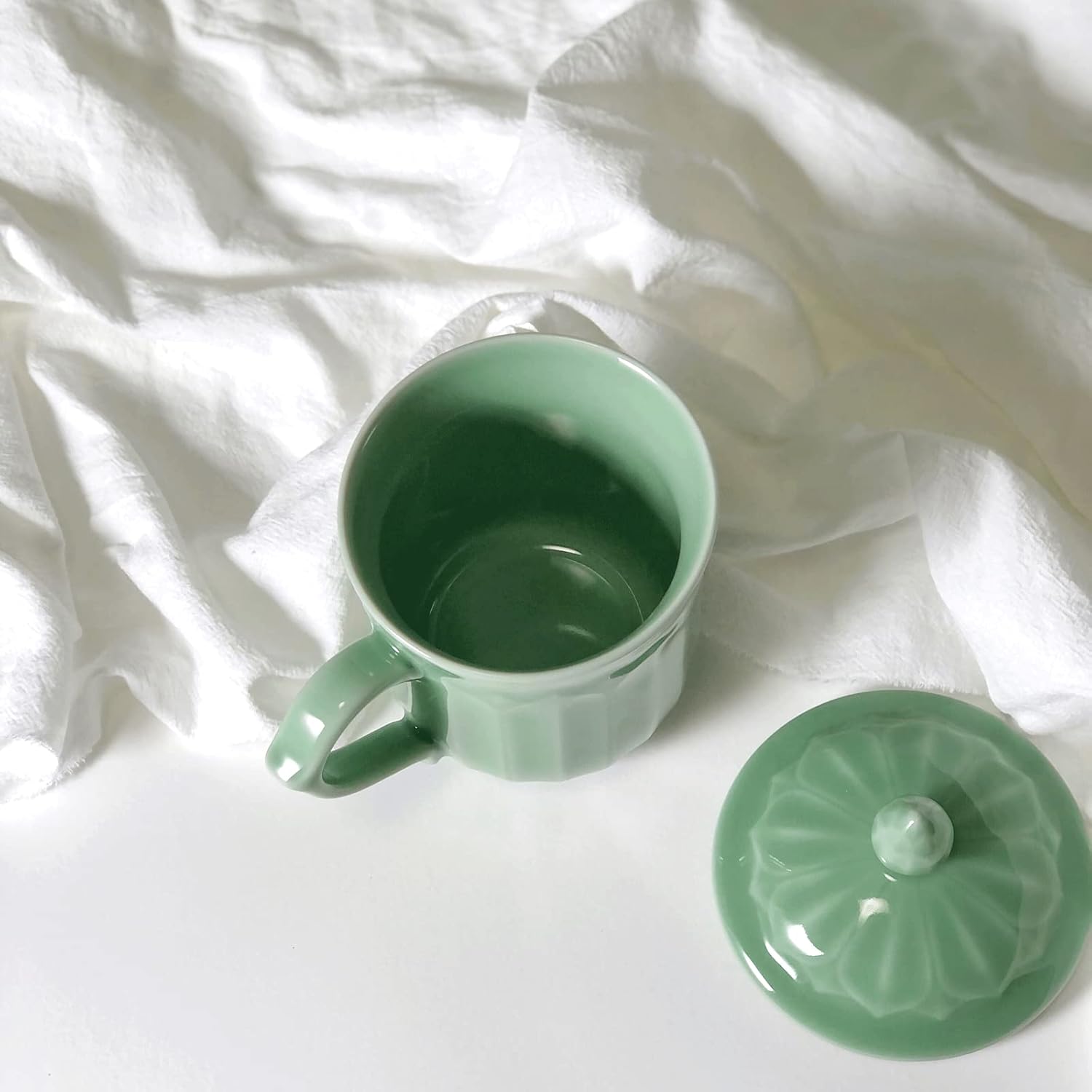 Porcelain Lotus Tea Cup with Lid and Handle, 12 oz Unique Coffee Mug, Microwave Dishwasher Safe, Gifts for Women and Men, Aesthetic Chinese Celadon 1 Pack (Olive Green) - Image 3
