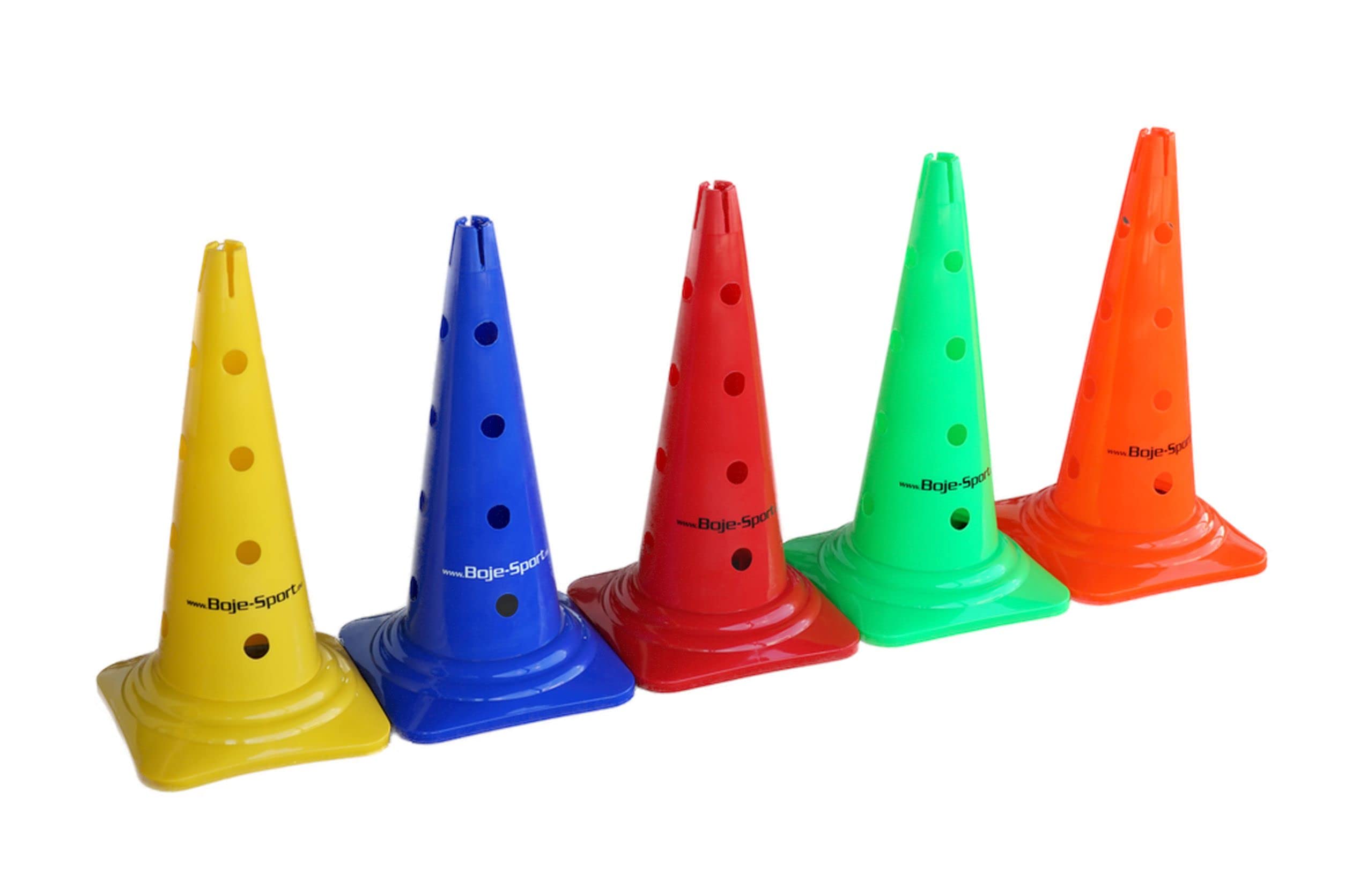 5er Set Mehrzweckkegel mit Loch - Premium - 50 cm je 1x in der Farbe: rot, gelb, blau, grün, orange - Kombi Kegel Lochkegel Kegelhürde