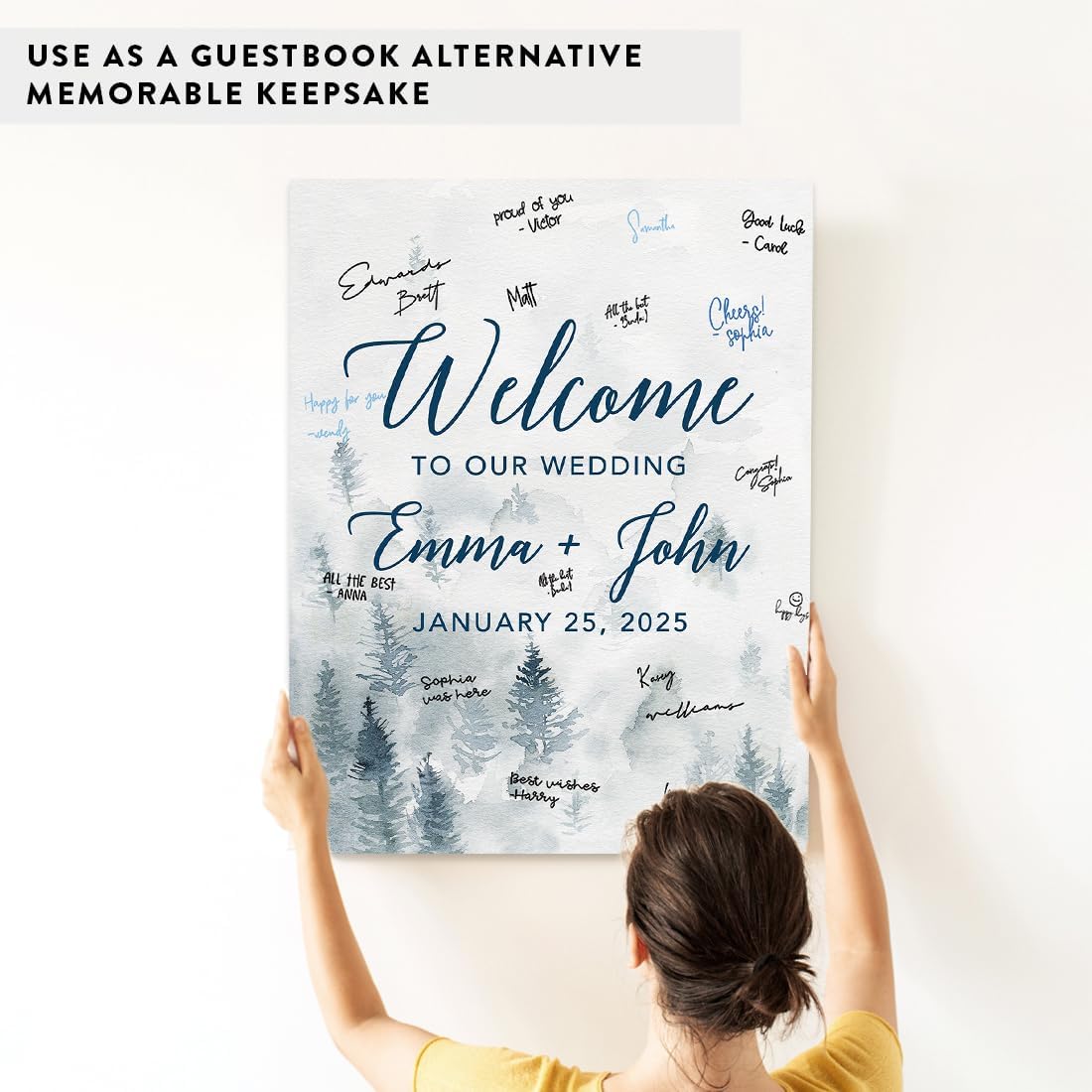 Andaz Press Custom Large Canvas Wedding Guest Book Alternative, 16 x 20 Inches, Winter White Watercolor Forest Vertical Personalized Sign Our Canvas Guest Book Signs For Wedding Rustic Woodland Theme