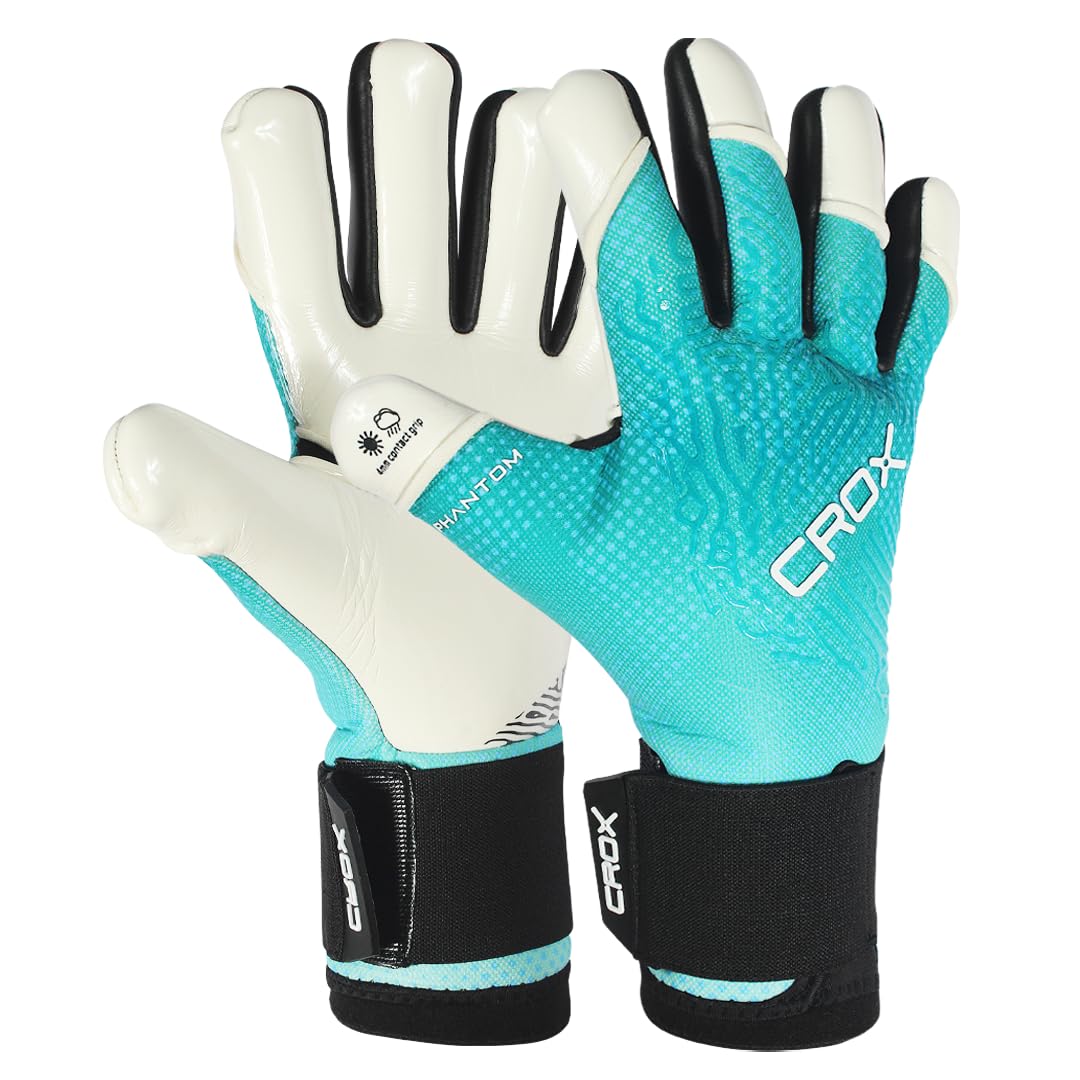 CROX Goalkeeper Gloves German Latex Football Gloves Negative Cut Goalie Gloves with Non Finger Sticks Goalkeeping GK Gloves for Match & Training Sizes 6-11 (Phantom Blue, SIZE 10, Ambidextrous)