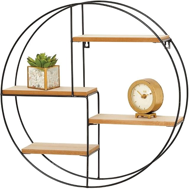 mDesign Floating Shelves  4-Tier MDF Wall Shelf Unit with Round Metal Frame  Wall-Mounted Wooden Shelves with Modern Design  Black/Natural