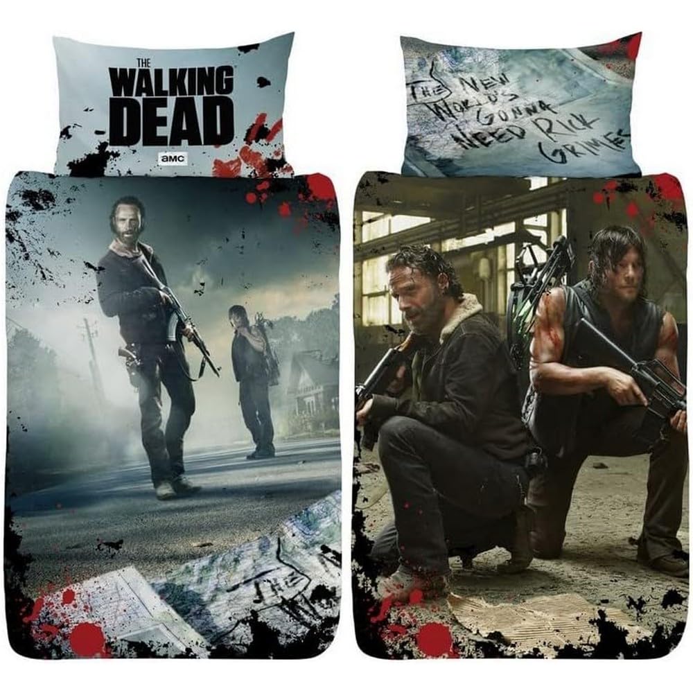 The Walking Dead New World Bettbezug für Einzelbett - Rick Grimes Daryl Dixon Design - wendbarer zweiseitiger Bettbezug mit passendem Kissenbezug