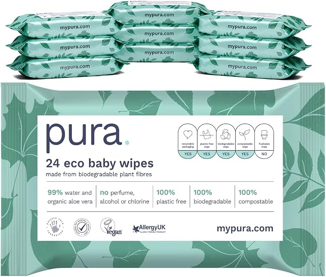 Pura Travel Baby Wipes 100% Plastic Free, 99% Water, Suitable for Sensitive Skin & Eczema Prone Skin, Hypoallergenic. Biodegradable, Compostable, Vegan, 28 x 24 per pack, (672 Wet Wipes)