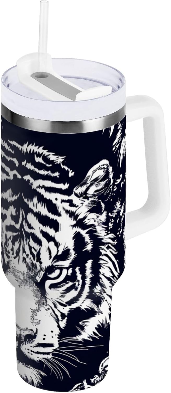 ALAZA White Tiger Portrait 40 oz Tumbler Stainless Steel Water Bottle Vacuum Insulated Cup with Straw Lid & Handle For Travel Car Cup Holder