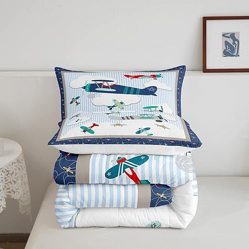 Miniatura 5 de Juego de edredón de avión para niños, cielo azul y nubes blancas, juego de ropa de cama para niños, niñas, mujeres y adultos, edredón de aviones de