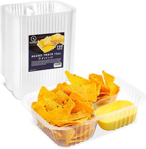 KLINEUS (100 pcs) Nacho Trays for Party, 6x5 inches Nacho Trays Disposable, 2 Compartments Clear Plastic Nacho Containers with Chip and Dip Holder, Nacho Tray for Kids, Movie Theater, Festivals (12Oz)