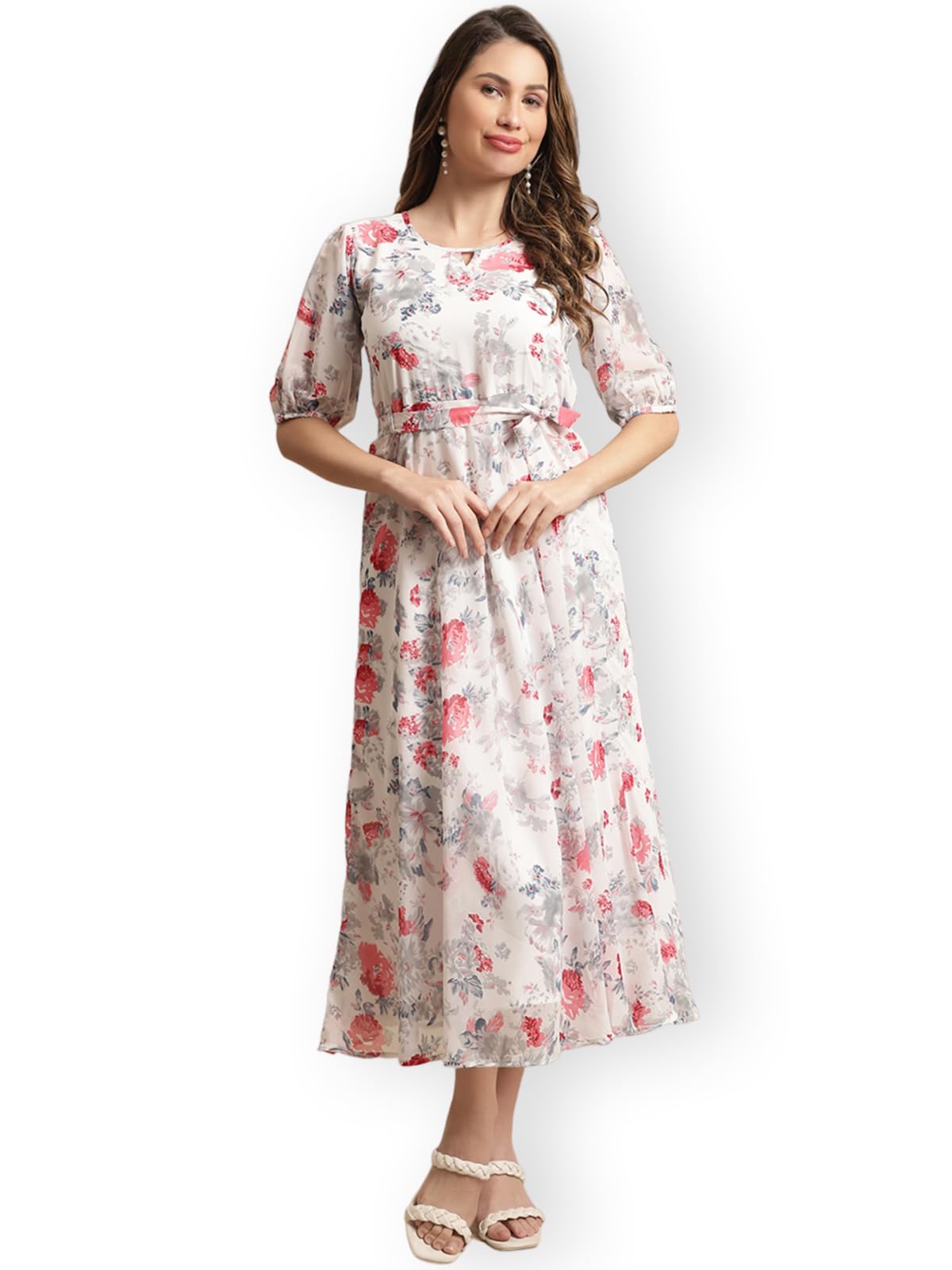 Preneum Women's Maxi Fit & Flare Latest Style Print Georgette Regular Sleeves Casual Summer Maxi Dress || Festival & Occasion, Bright White, Xl