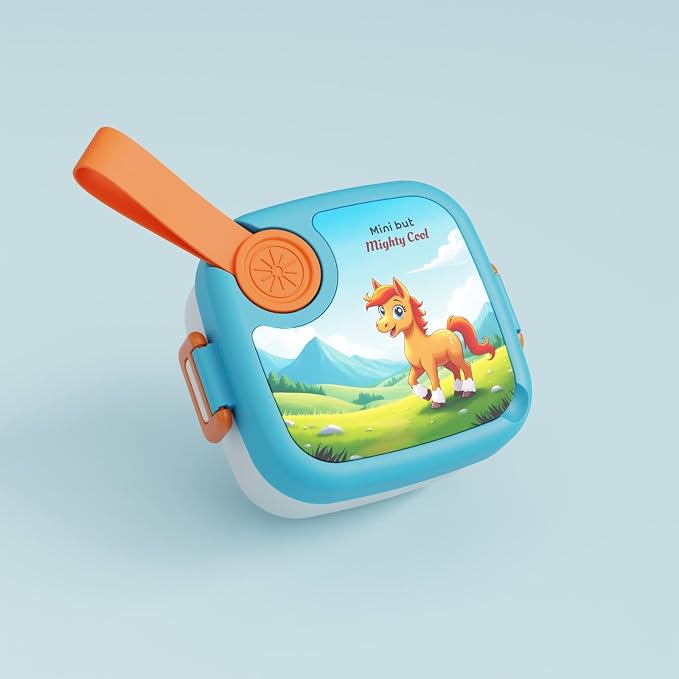 Plastic Lunch Box with Spoon, Leak-Proof Kids Tiffin Box, Durable Eco-Friendly School Lunch Container for Boys & Girls | LUNCHMATE Mini But Mighty Cool (500 ML - Blue)
