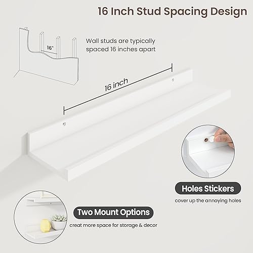 Miniatura 4 de Axeman Estante de repisa para cuadros  Juego de 3 estantes flotantes blancos de 24 pulgadas  Estantes de pared de madera rústica con borde  Estante